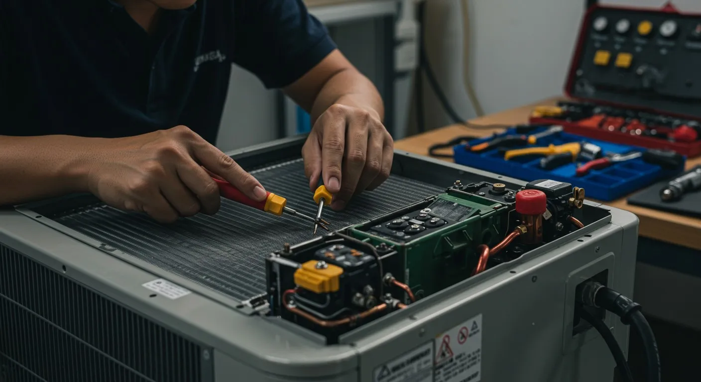 A technician's hands repairing an AC unit.