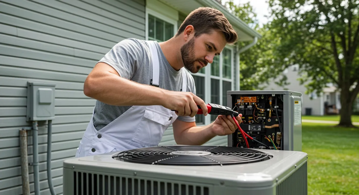 A technician in white overalls fixing an AC unit.