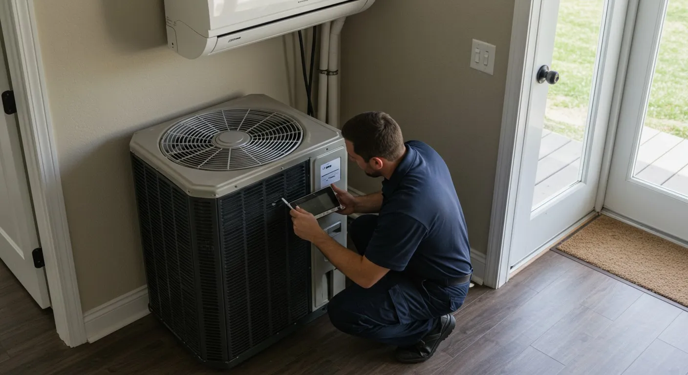 A technician works on a large AC unit.