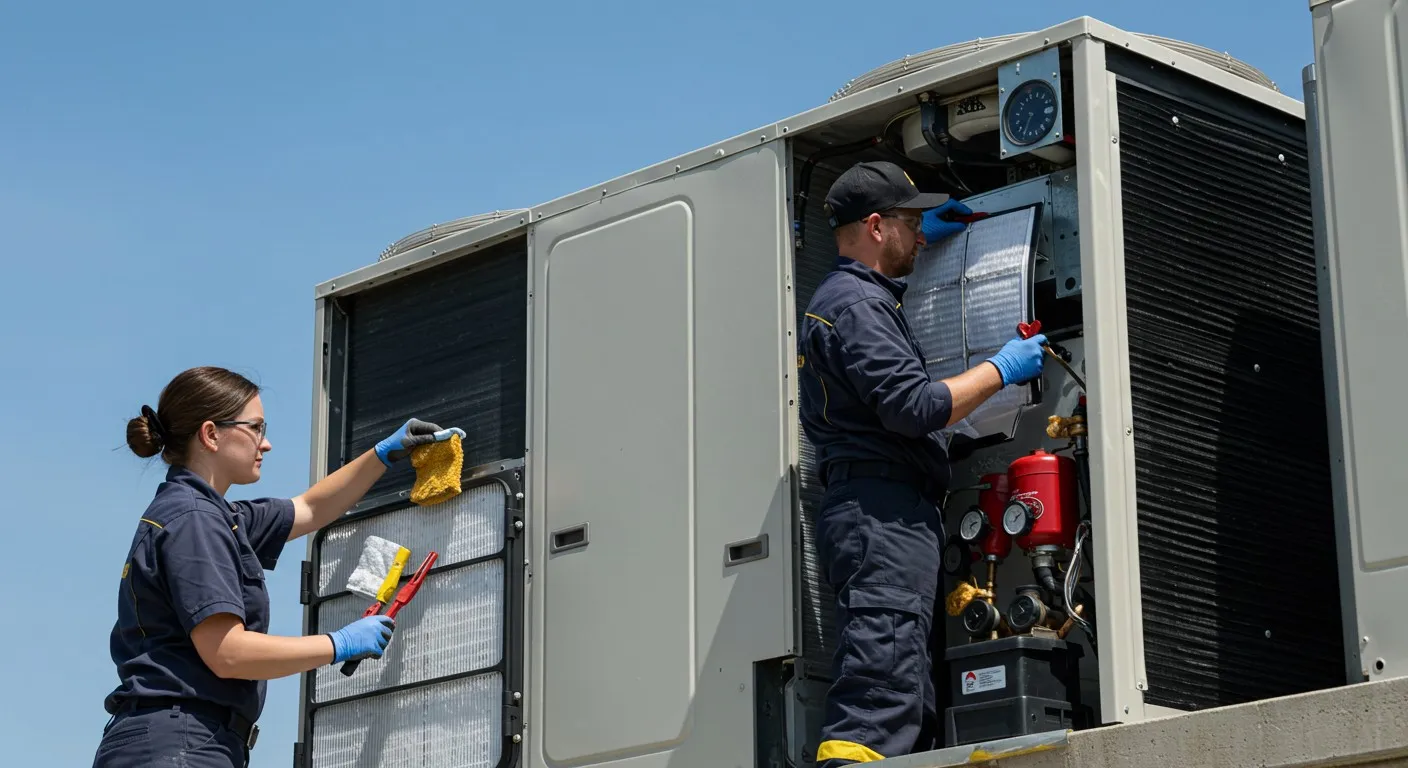 Two technicians cleaning and servicing a rooftop AC.