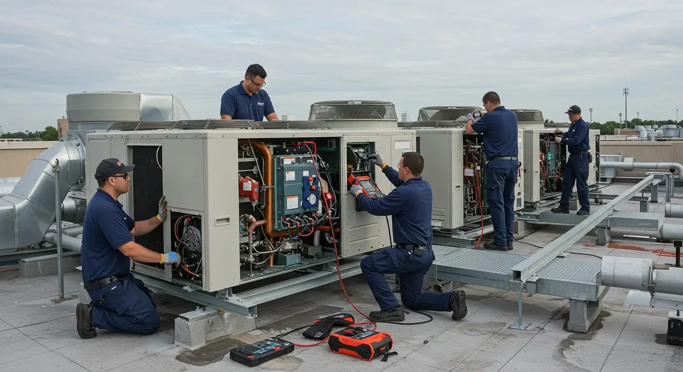 Four men servicing rooftop HVAC units.