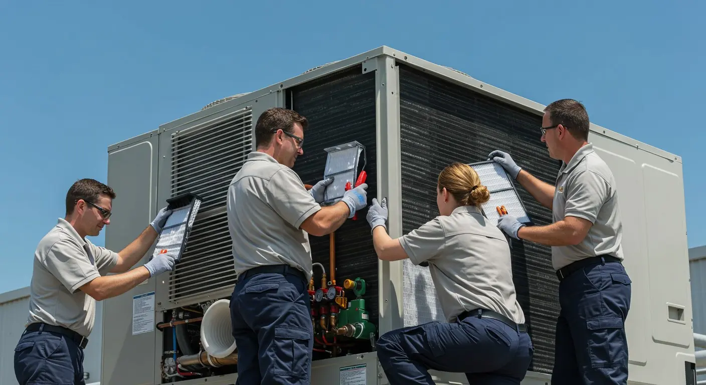 Four technicians servicing a rooftop AC unit.