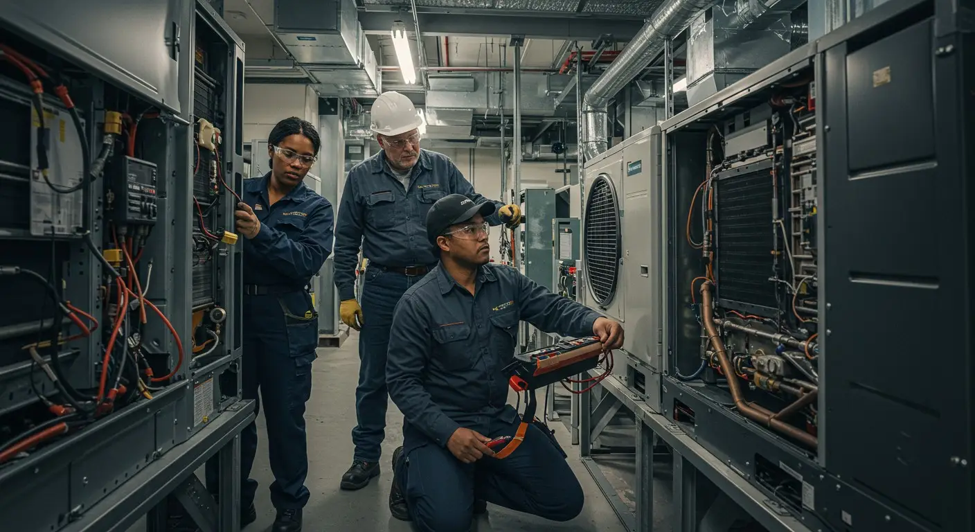 Three diverse technicians fixing large HVAC equipment.