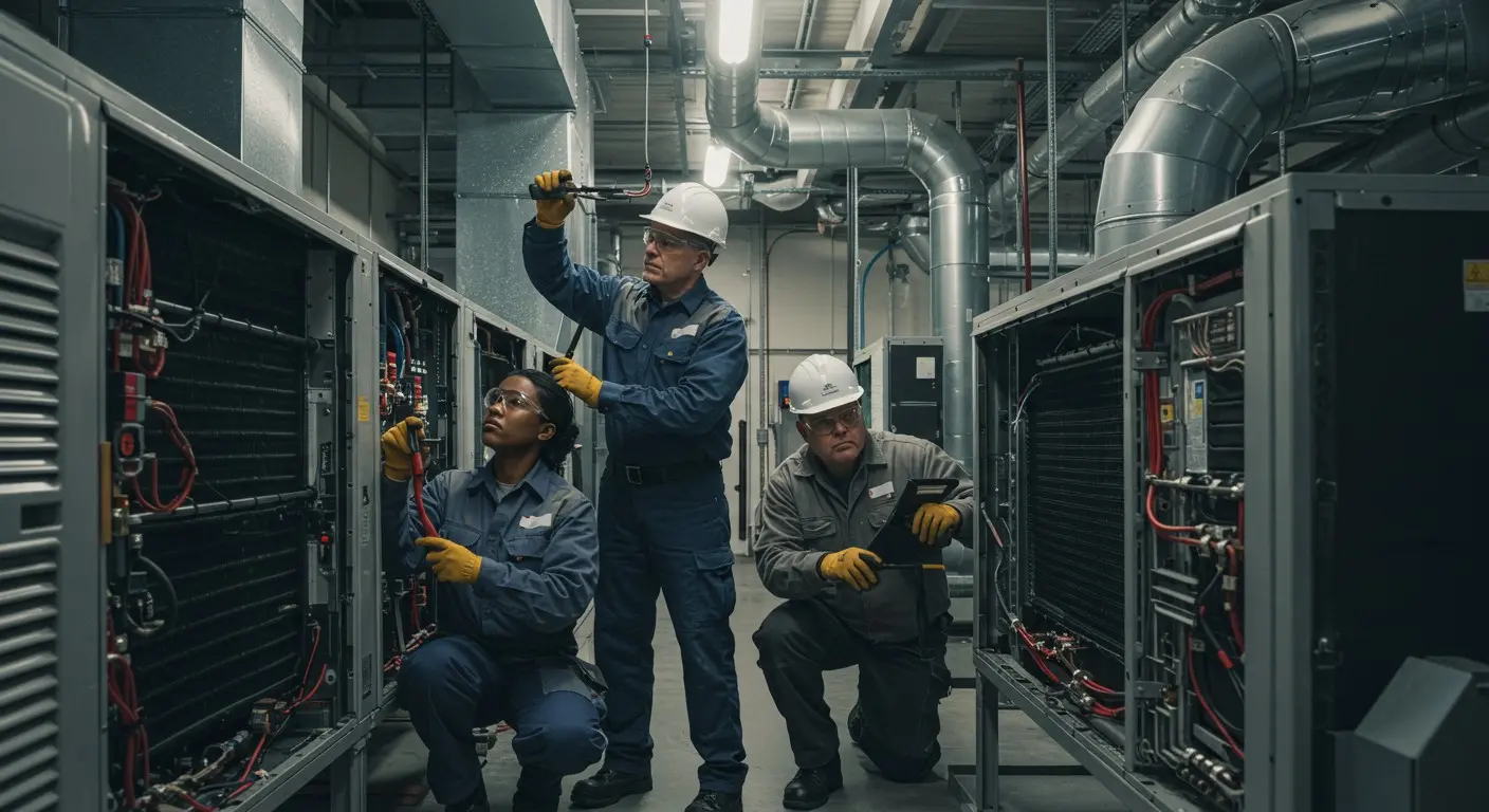 Three technicians fixing large industrial machinery.