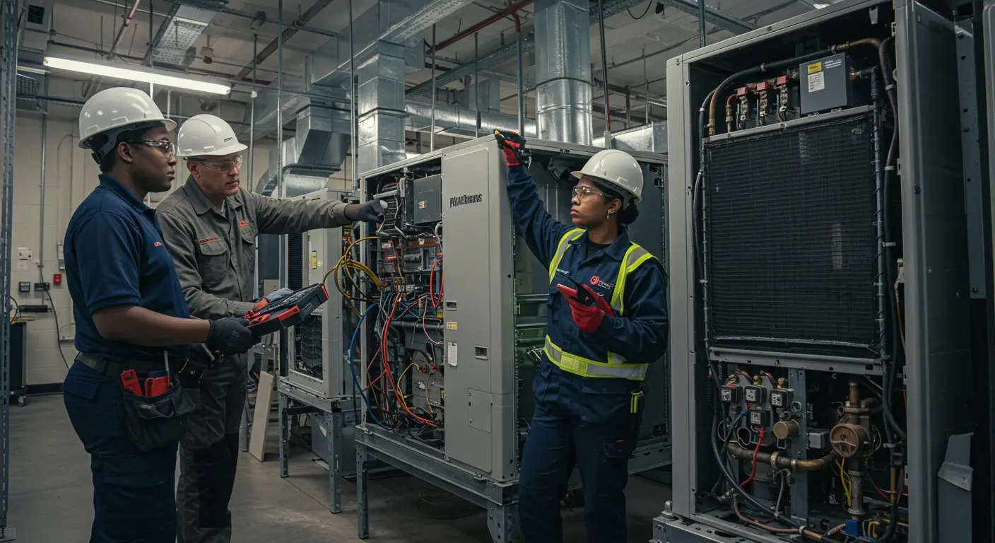 Three technicians fixing a large HVAC unit.
