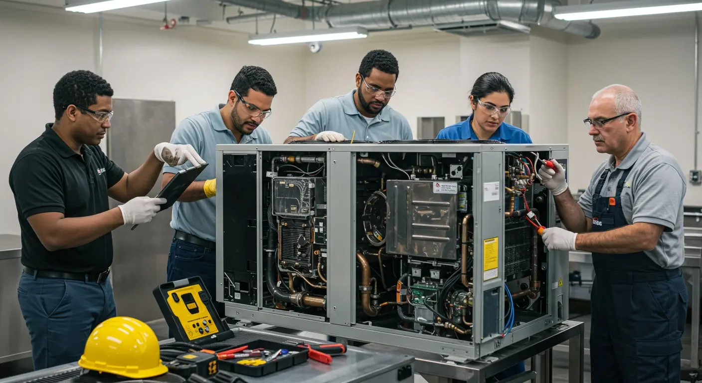Five diverse technicians training on HVAC equipment.