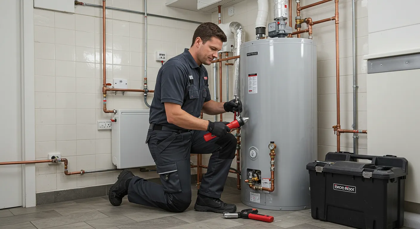 A plumber kneels and uses a red wrench to work on a gray water heater.