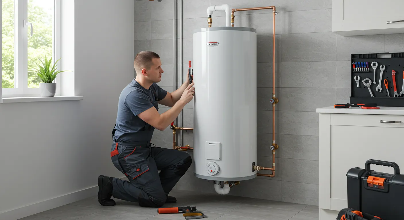 A plumber kneels and adjusts a white water heater in a kitchen-like setting.