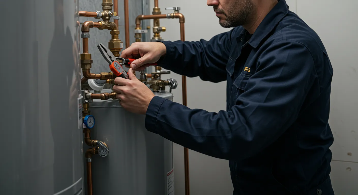 A close-up of a plumber's hands using pliers to work on water heater pipework.