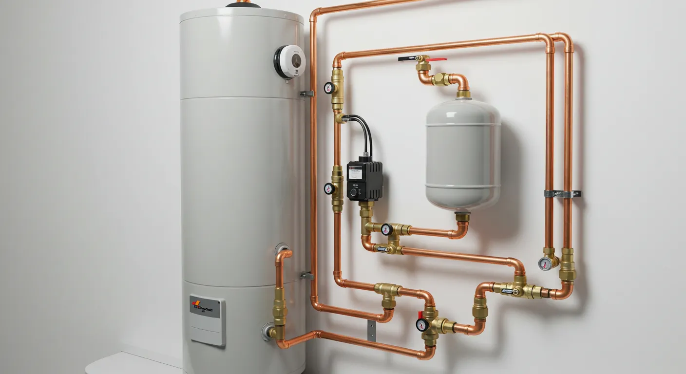 A detailed view of a gray water heater and expansion tank connected by copper piping on a white wall.