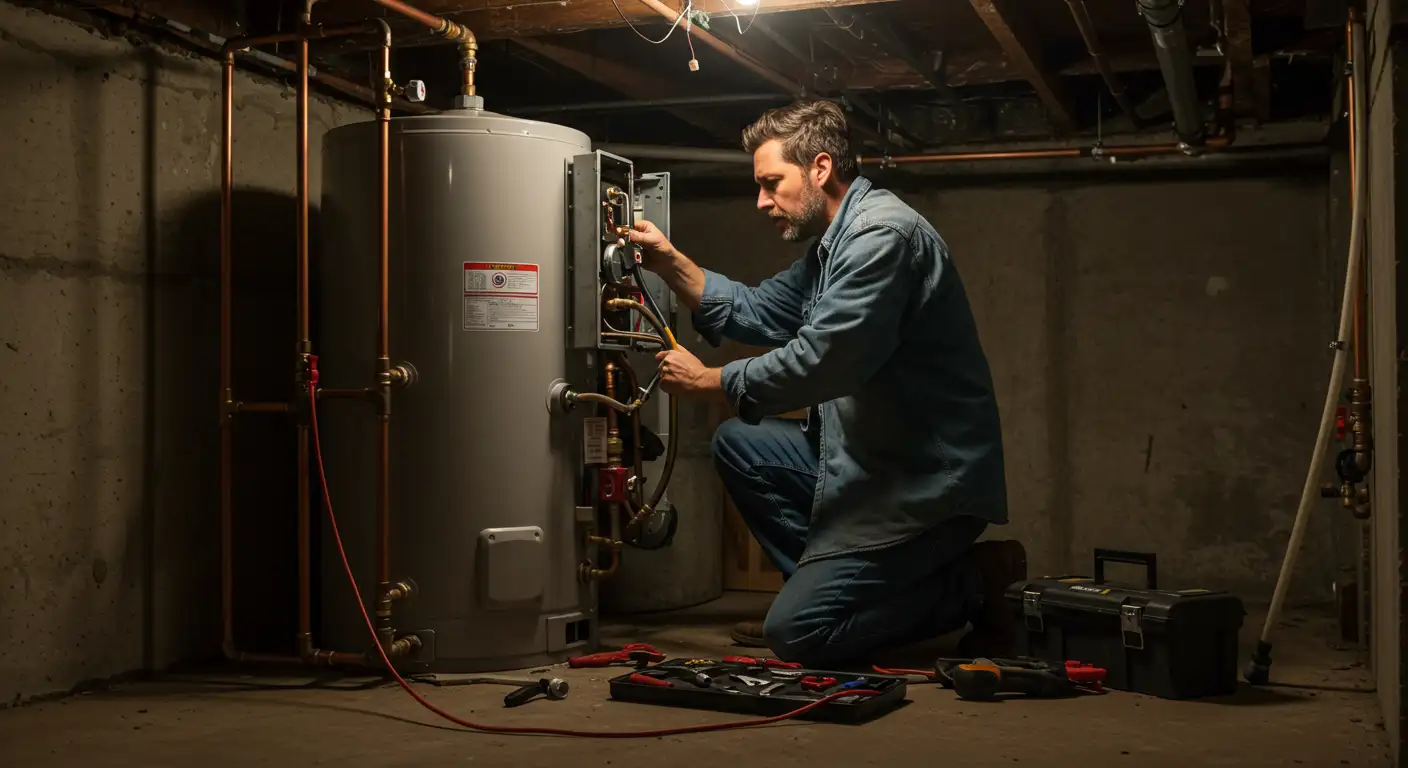 Technician in blue workwear kneeling beside water heater in basement, using tools to repair internal components with toolbox nearby