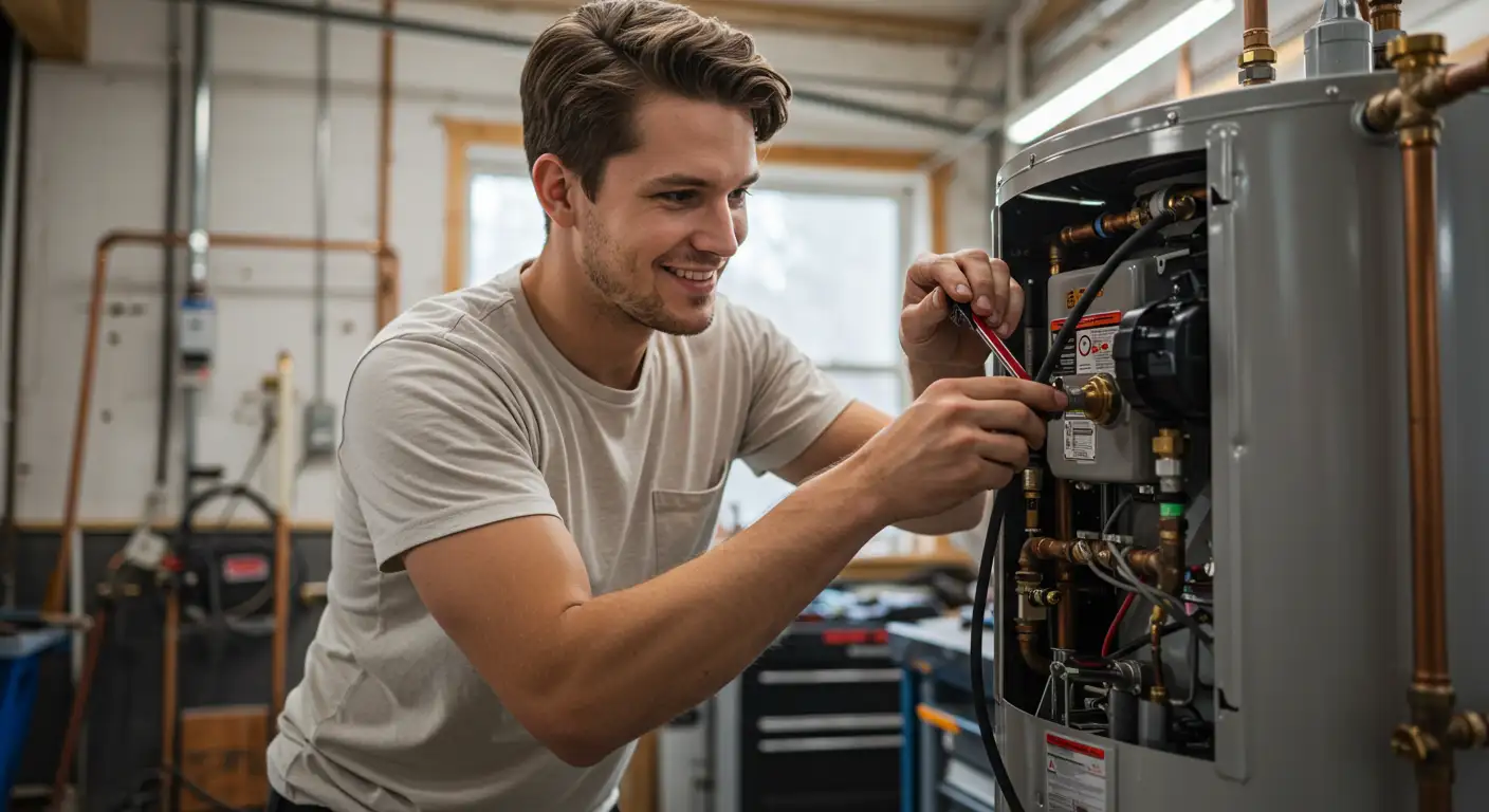 Young man in white t-shirt smiling while using screwdriver to service water heater control panel in bright utility room