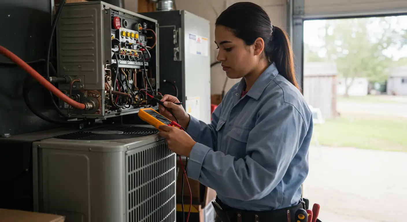 Female HVAC technician in gray uniform using multimeter to test electrical connections in open furnace control panel