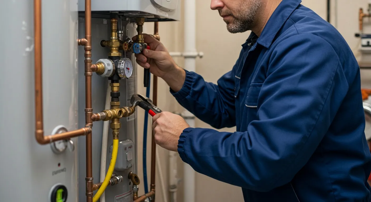 Plumber adjusts valves on water heater.