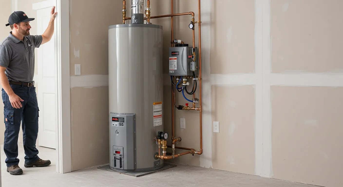 Plumber next to large water heater.