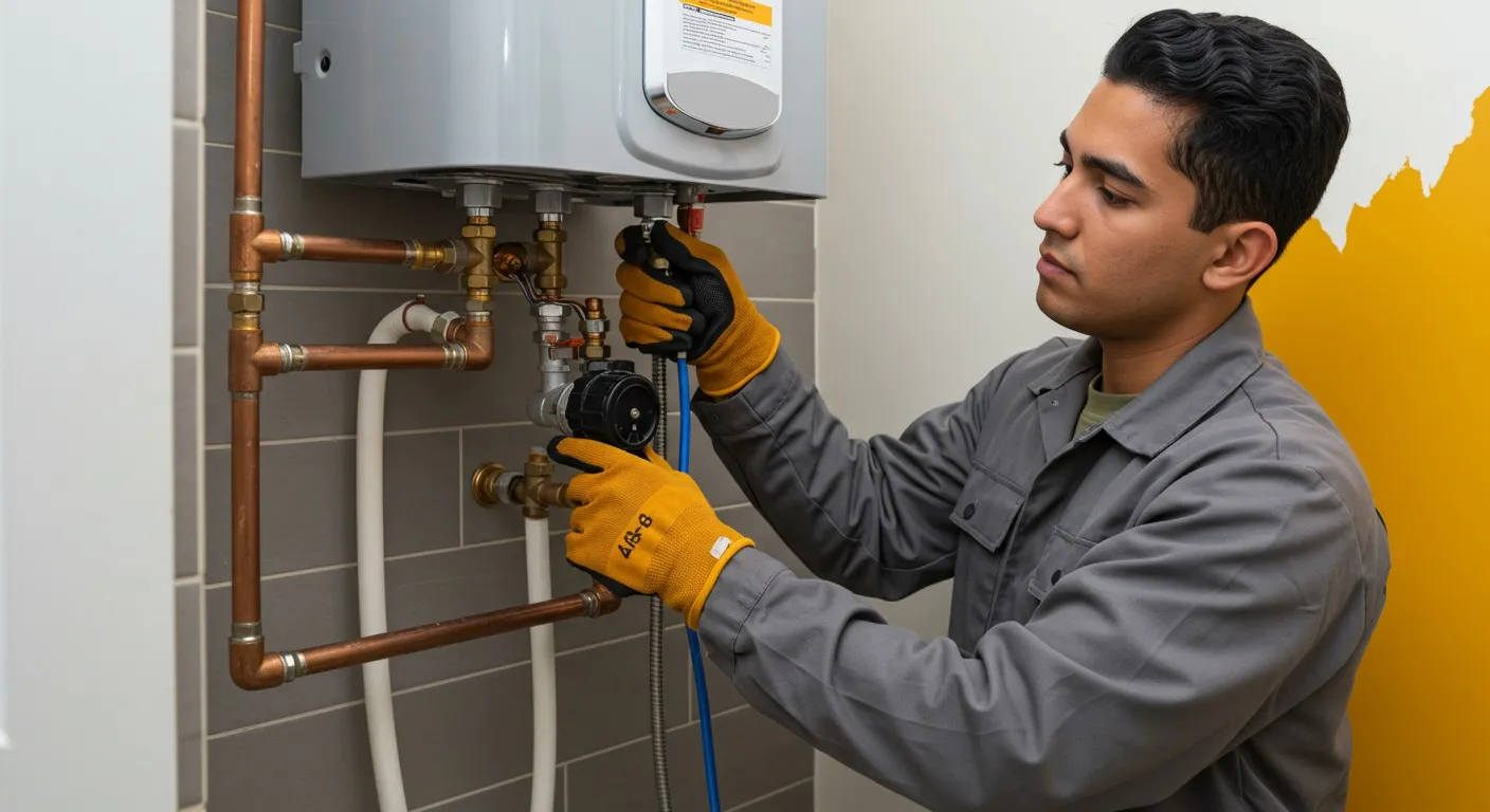 Technician adjusts valve on water heater.
