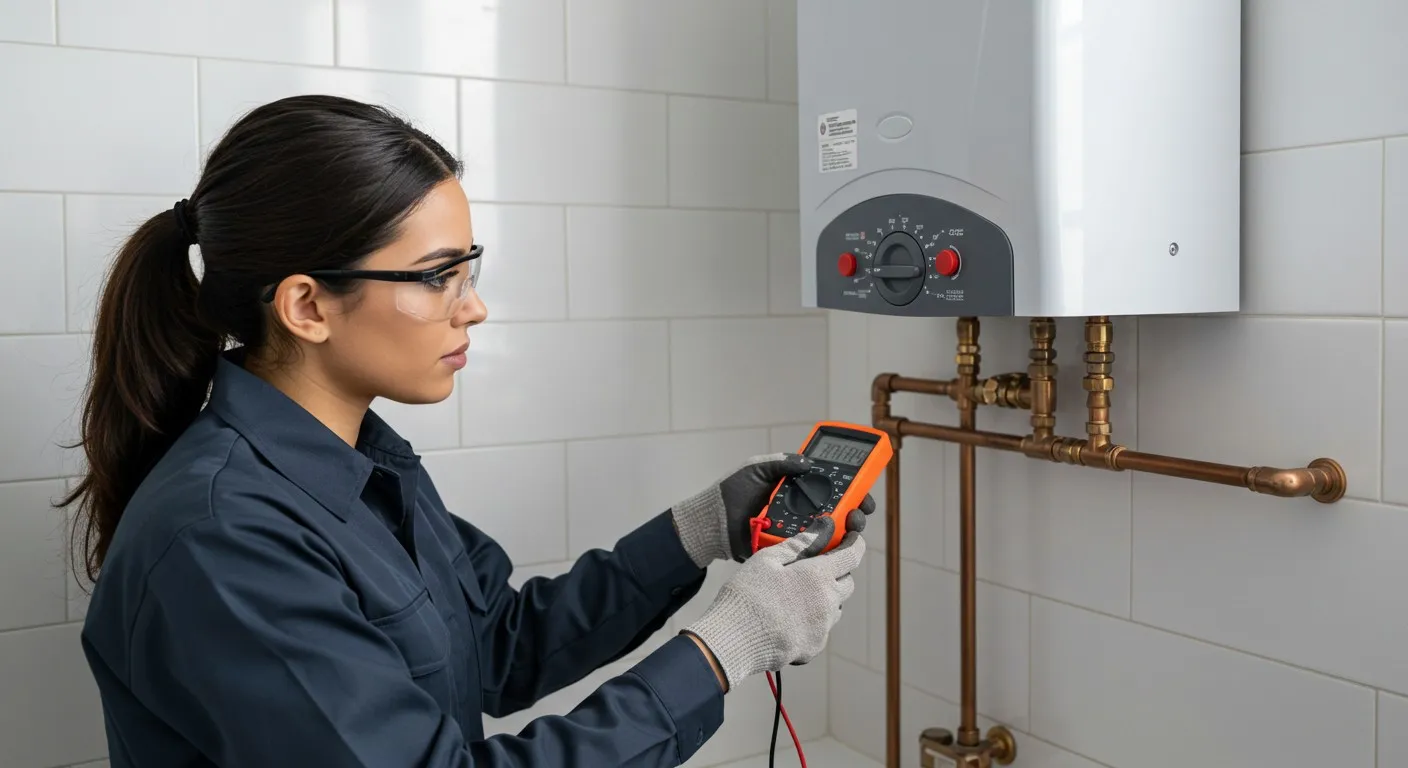 Electrician checks water heater with multimeter.