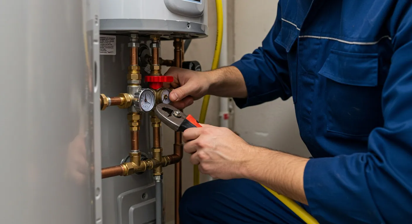 Plumber tightens water heater pipe with pliers.
