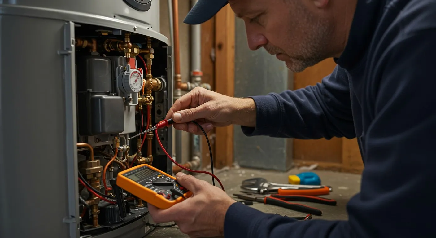 Technician checks water heater with multimeter.