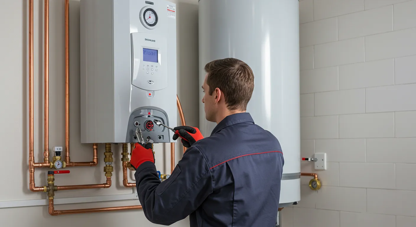 A professional plumber wearing a baseball cap, safety glasses, and gloves is kneeling and using a tool to work on the copper pipes of a large, grey water heater.