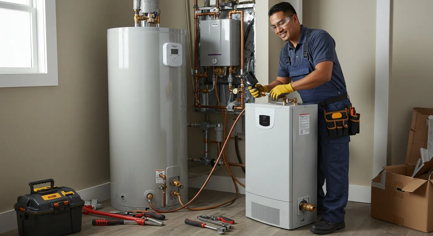 Technician replacing a modern water heater.