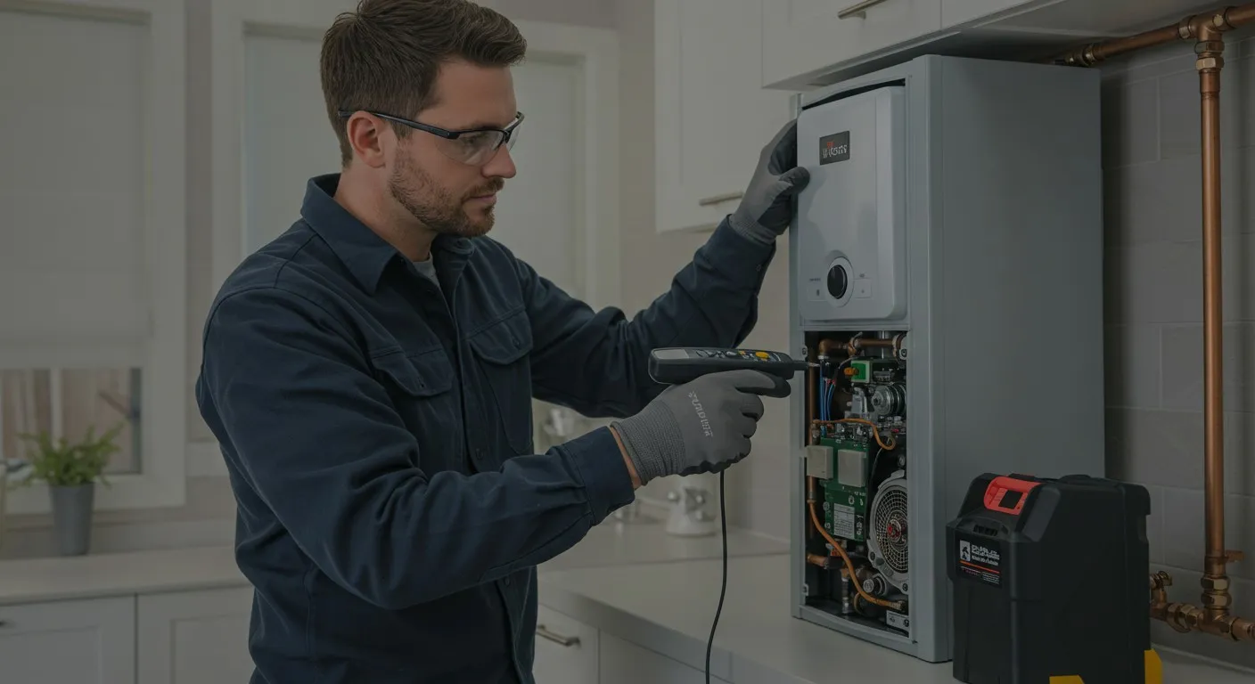 Technician works on wall-mounted boiler.