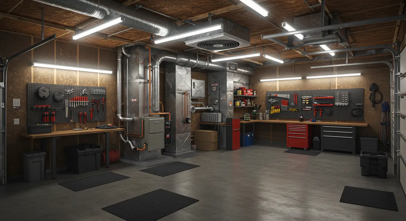  A brightly lit, well-organized garage workshop features extensive HVAC ductwork, suggesting climate control. Tool storage on black pegboards and workbench areas with red and black cabinets line the wood-paneled walls. The concrete floor has several black mats.