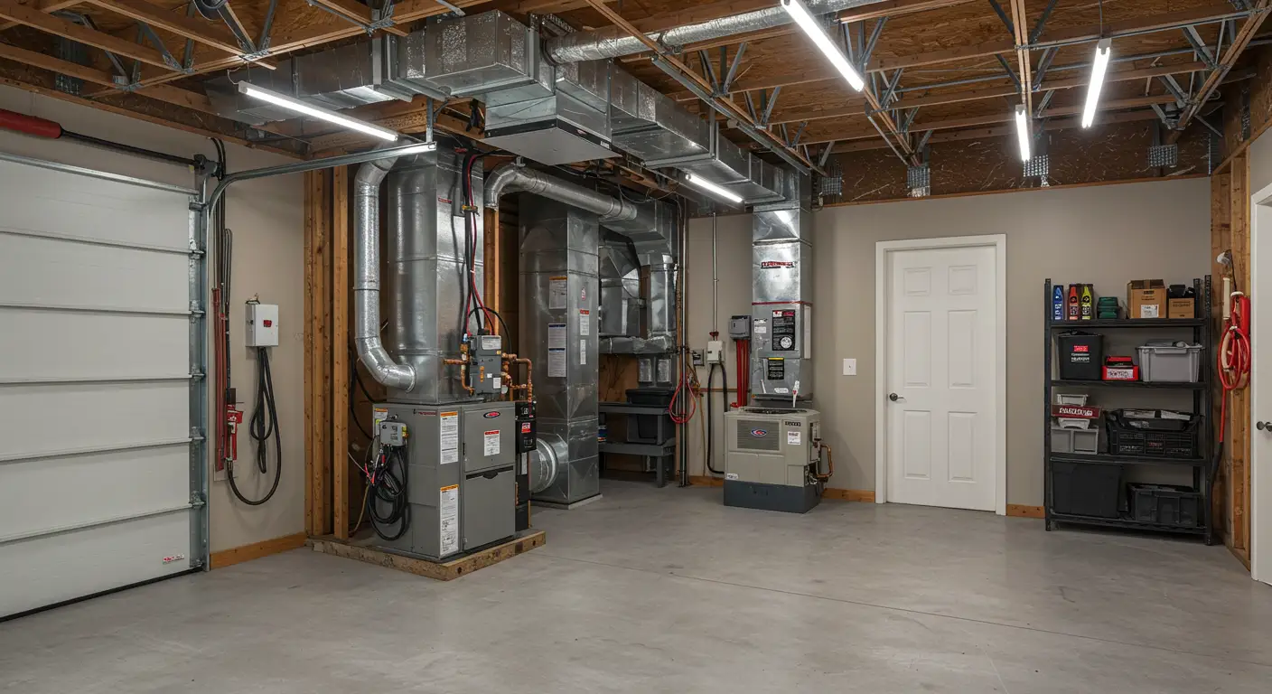  A large, clean garage features a sectional overhead door and an interior white door. Prominently installed in the center are two different HVAC units—likely a furnace and an air handler—with extensive, exposed metal ductwork running across the open ceiling joists. Fluorescent lighting fixtures illuminate the space, and a storage shelf with various supplies is visible on the right.