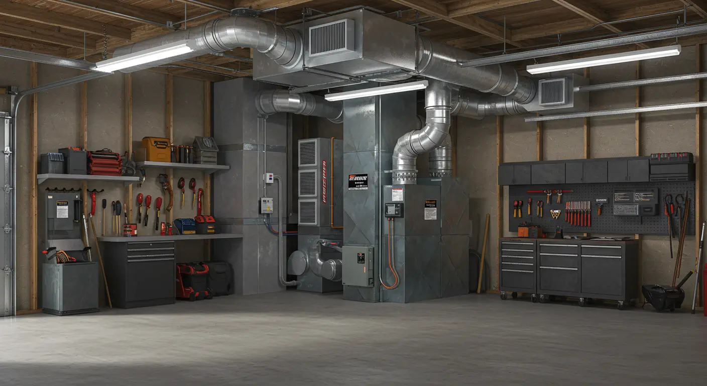 A clean, organized garage workshop is shown with a large, centralized HVAC system featuring extensive metal ductwork running along the ceiling joists. Two separate workbench areas with gray cabinets, shelving, and black pegboards for tool storage flank the climate control unit. The walls are finished with wood framing, and fluorescent strip lighting illuminates the space.