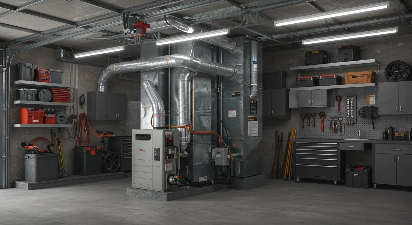  A large, organized garage workshop features a prominent, centrally located HVAC system, including a furnace/boiler unit and extensive, exposed metal ductwork running across the ceiling. The walls are lined with dark gray cabinets, open shelving, and a pegboard for tools, providing ample storage. Fluorescent strip lighting illuminates the clean concrete floor and metallic surroundings.