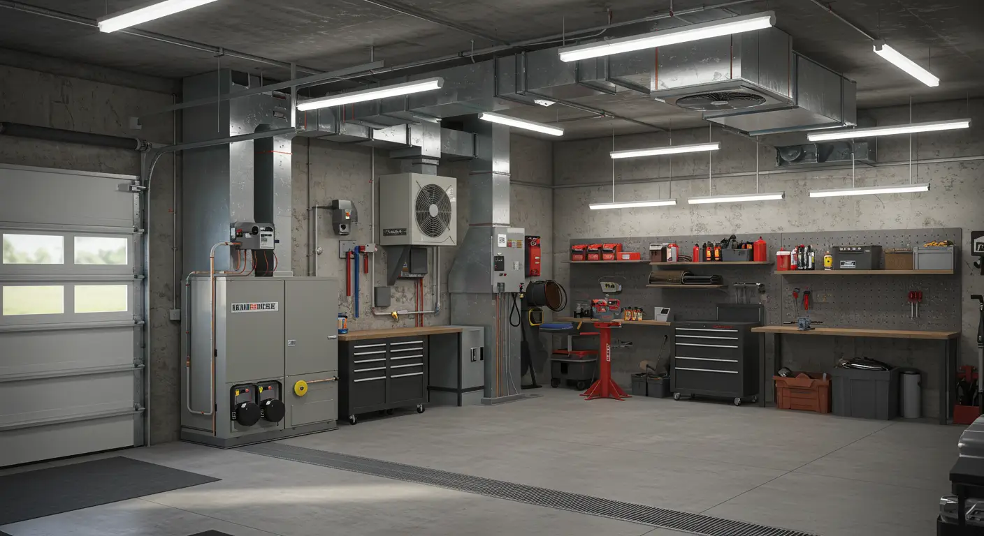 A well-equipped garage workshop features a large HVAC unit with extensive, exposed metal ductwork mounted against a concrete wall. A sectional overhead garage door with windows is on the left. The space includes a workbench area with dark gray tool cabinets and shelves holding various supplies. Fluorescent strip lighting illuminates the concrete floor, which has a central trench drain.