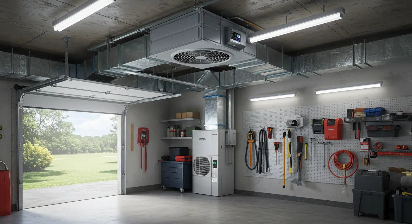 A clean garage workshop with a white, sectional overhead door open to a grassy yard. A prominent, white HVAC air handler unit with a large fan is suspended from the ceiling, connected to exposed metal ductwork. A second floor-standing unit is also visible. The wall features a large, light gray pegboard for hanging tools, and a small workbench area with dark blue cabinets is below shelves holding supplies. Fluorescent strip lighting illuminates the space.