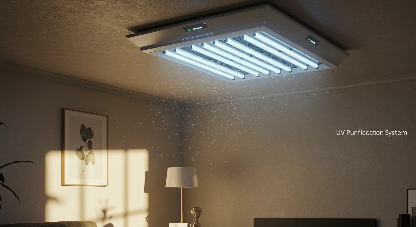 Ceiling-mounted UV air purification system with six brightly glowing blue-white tubes and a digital display, shown in a dimly lit, furnished living space. A stream of particles is visually rendered dropping from the unit