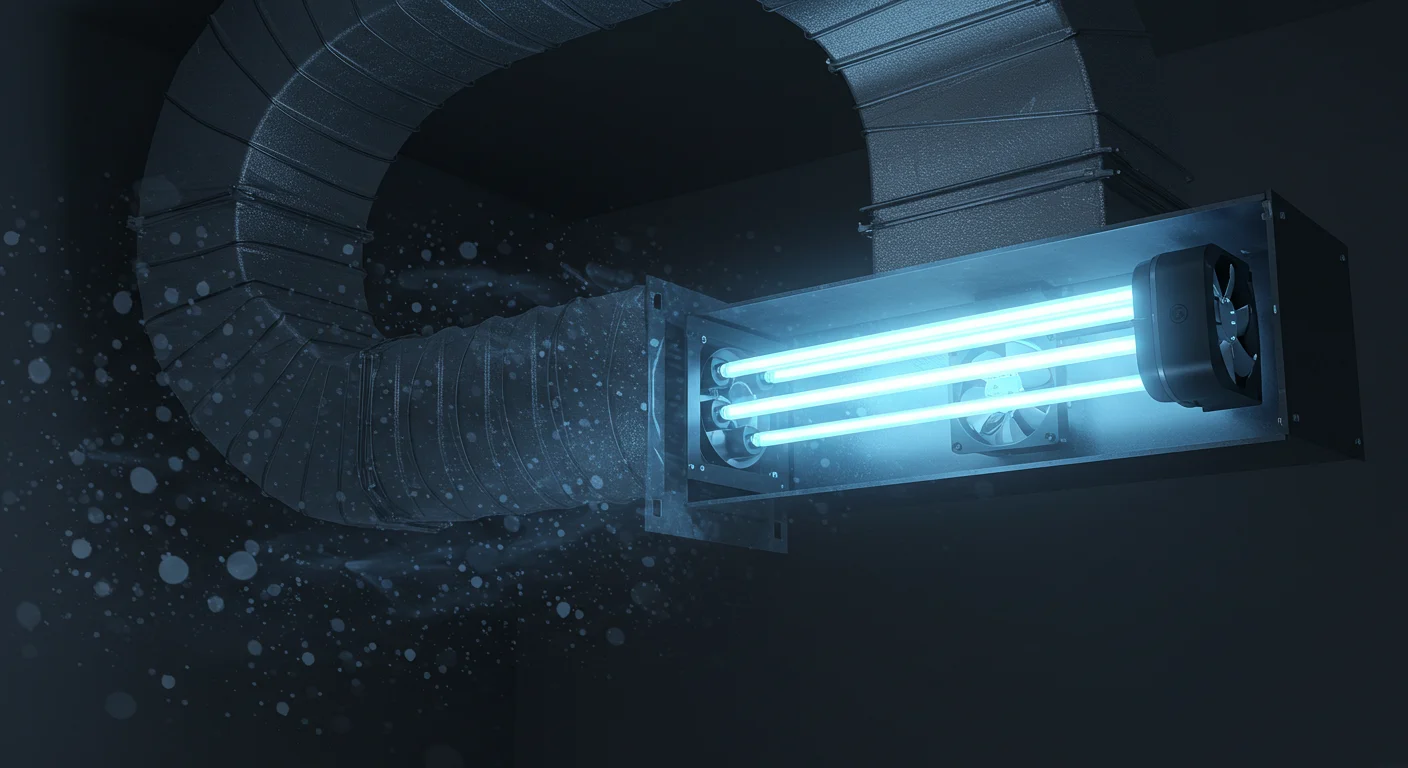 Germicidal UV-C lights installed inside a dark HVAC air duct. The rectangular fixture holds three brightly glowing blue tubes and two small fans, positioned where a flexible duct connects. Dust and particles are visually rendered flowing past the lights.