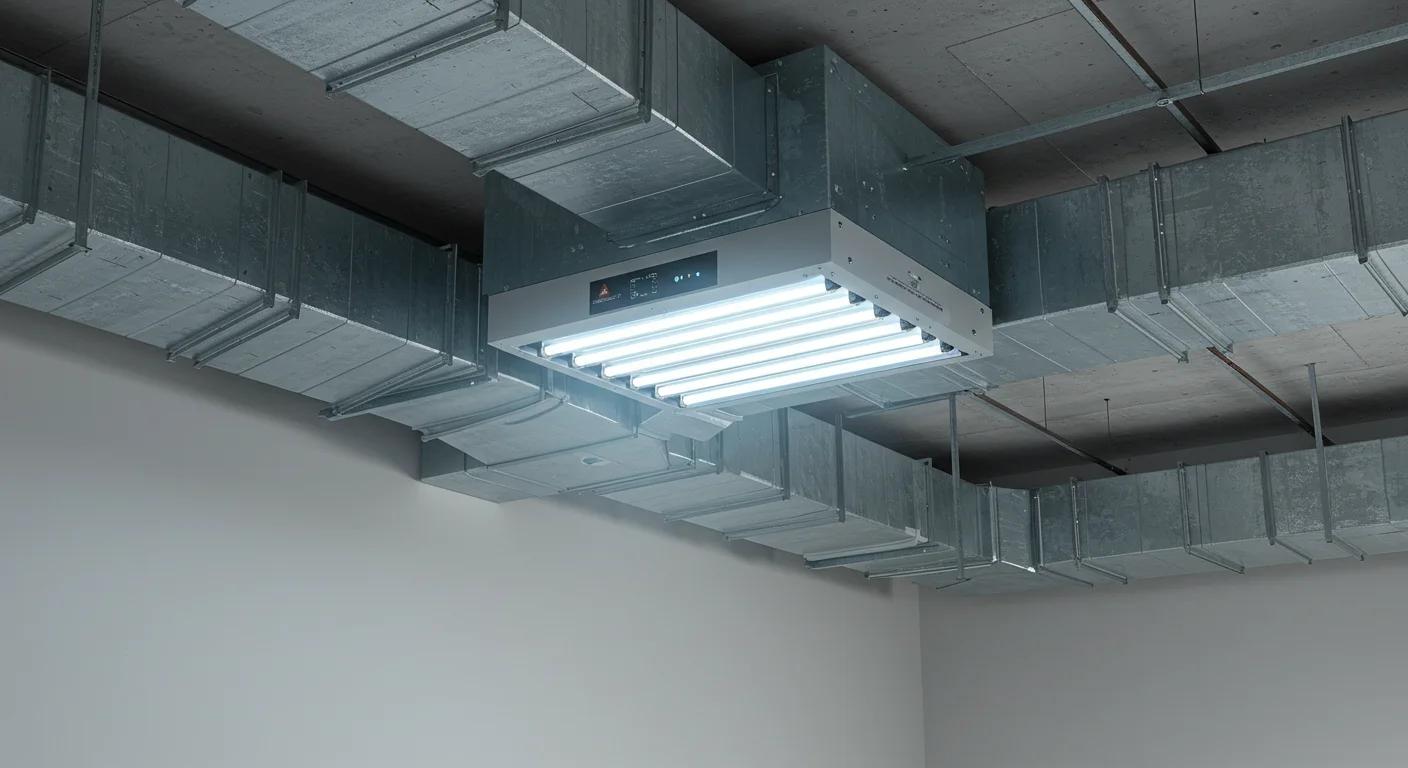 Large, rectangular UV-C air purification unit with six brightly glowing white germicidal tubes installed centrally among a network of exposed, galvanized metal HVAC ducts in a commercial or industrial space with a concrete ceiling.
