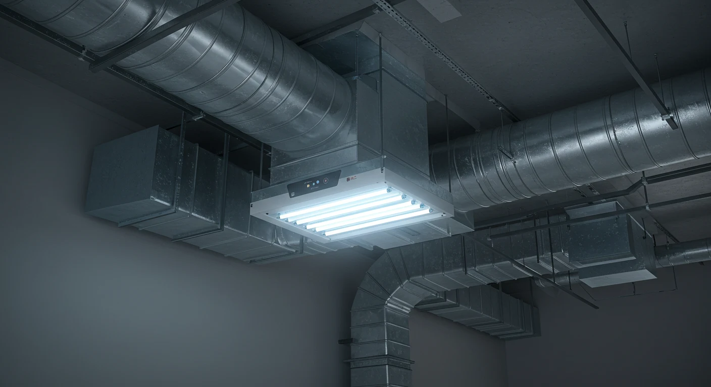 Rectangular UV-C air sterilization unit with four brightly glowing white germicidal tubes suspended below a ceiling and centrally located among a complex system of large, exposed galvanized metal HVAC ducts in a dim, industrial or commercial setting.