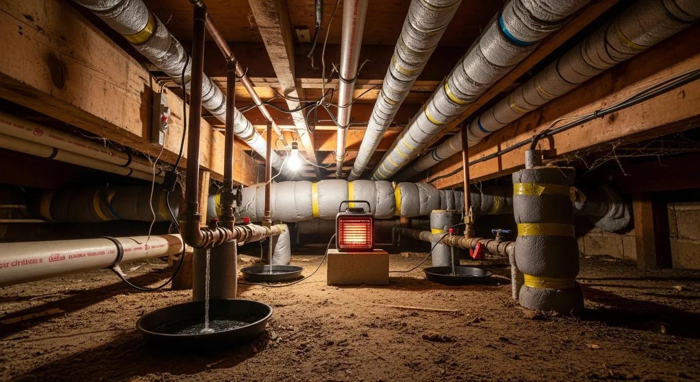 Insulated pipes in a crawl space, showing tactics to prevent frozen pipes