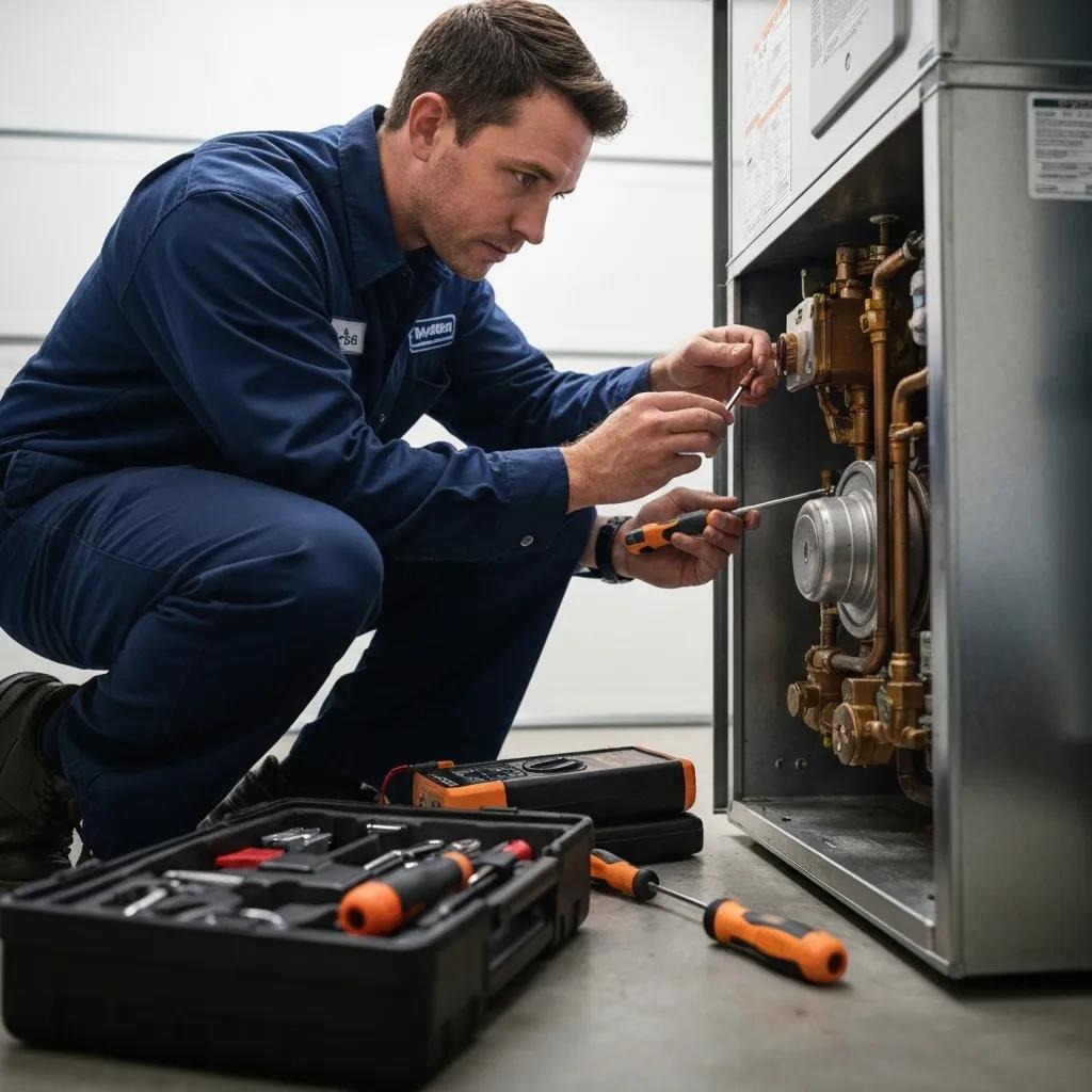 Technician inspecting a furnace during a winter tune-up, showing inspection steps