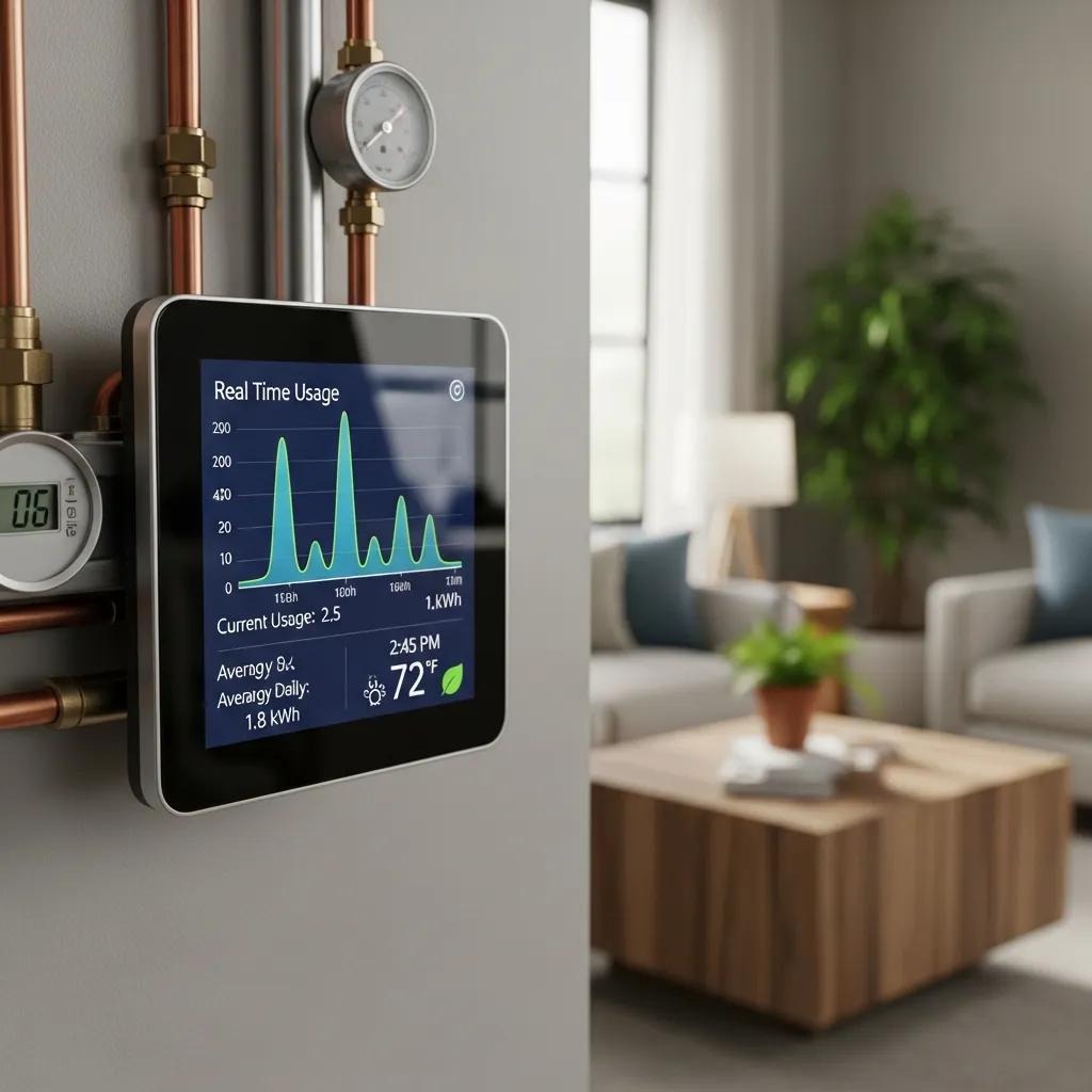 Smart thermostat in a modern home showcasing energy usage data and efficiency