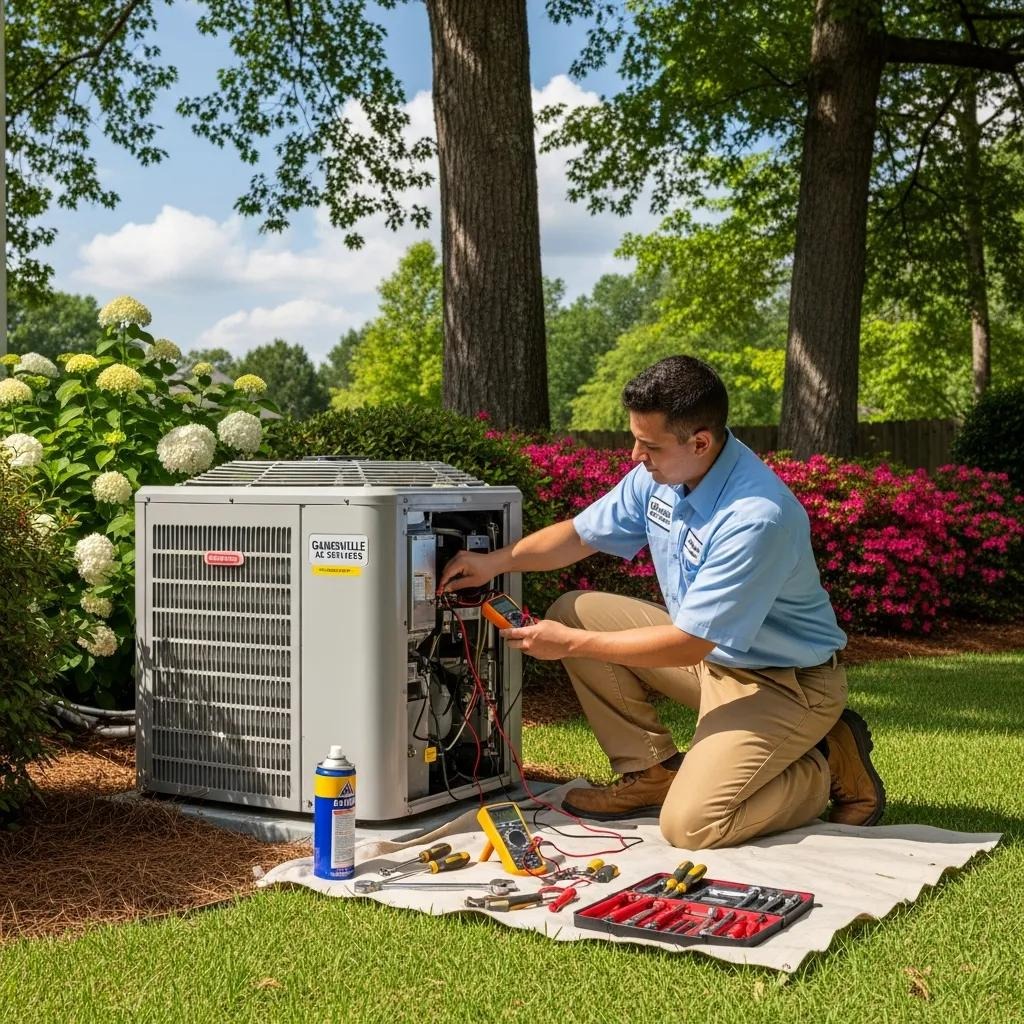 Technician performing seasonal AC tune-up in a sunny backyard