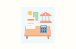 Illustration of a desk with a calculator, document, money, and a bank building icon representing business loans.