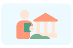 Simplified illustration of a person holding a green book next to a building with classical columns.