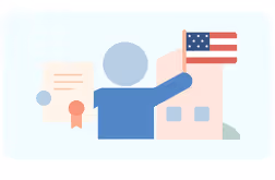 Illustration of a person holding a document in one hand and an American flag in the other, standing in front of a building.