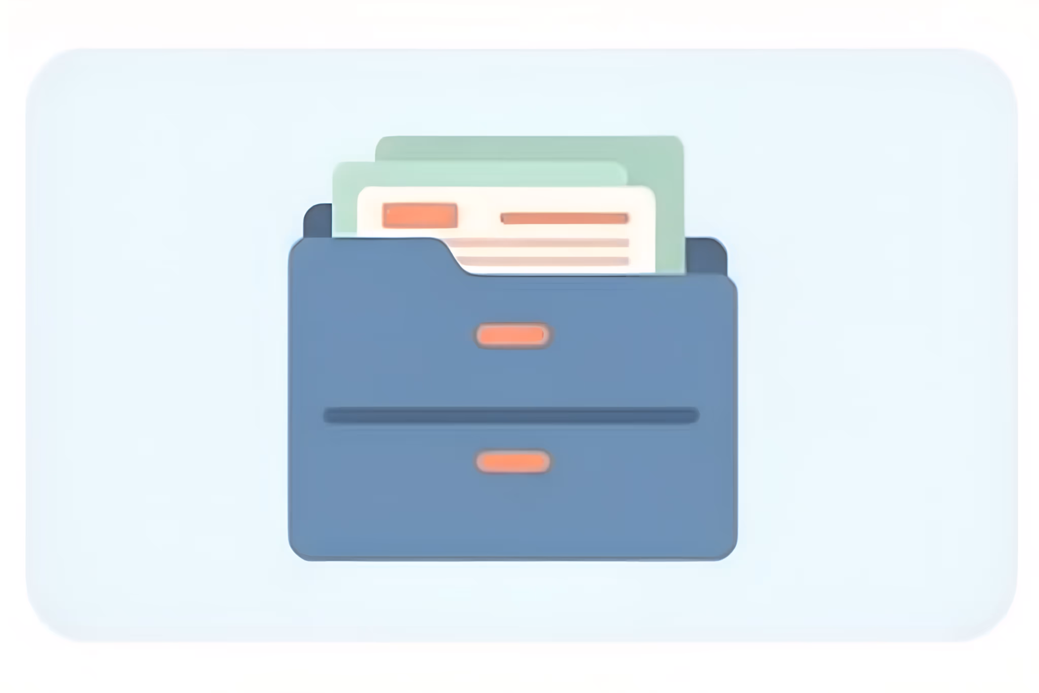 Blue folder icon containing stacked documents with red and green highlights on a light background.