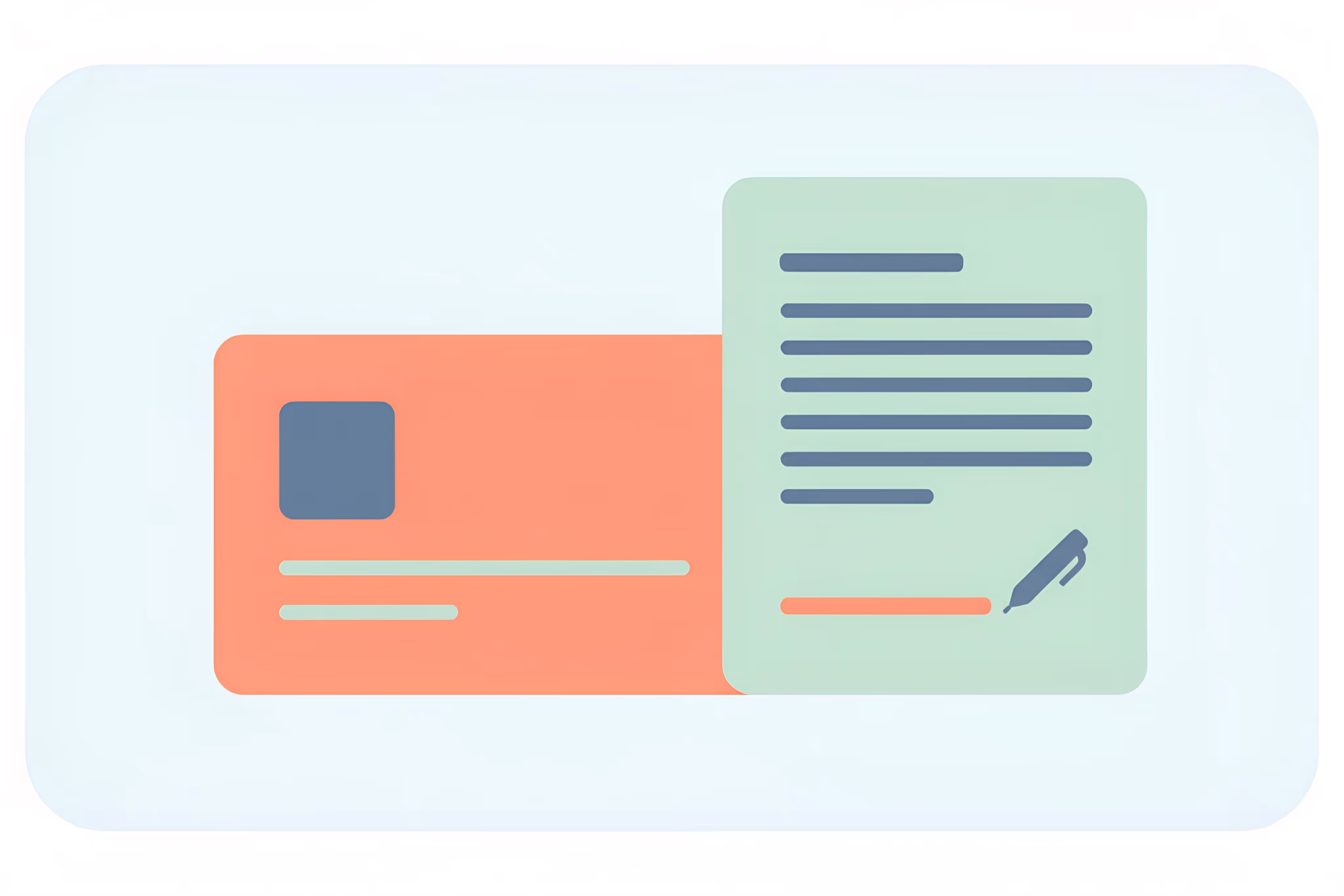 Abstract illustration showing a red card-like shape and a green document with lines and a pen icon, symbolizing identity verification and form signing.