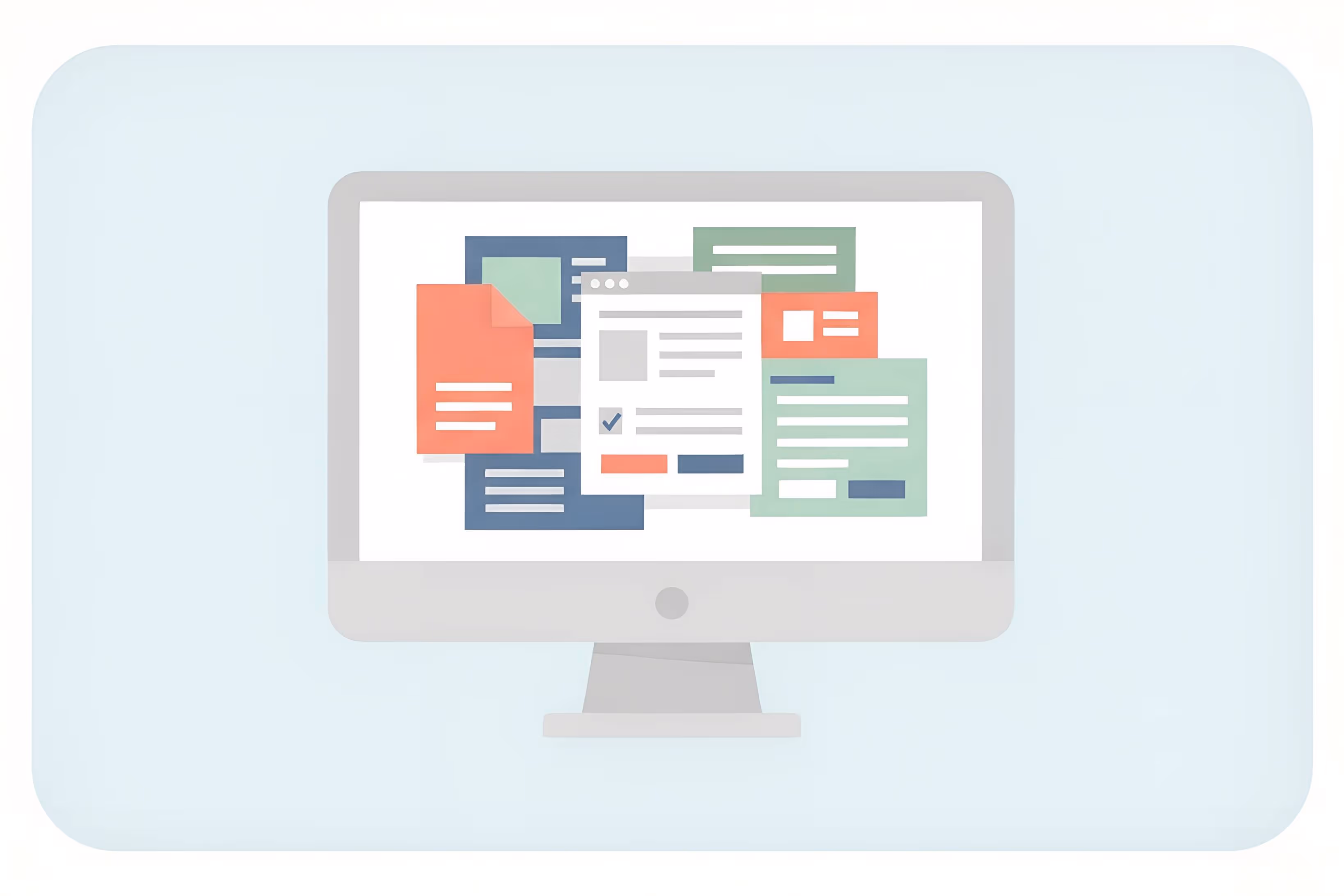 Illustration of a desktop computer screen displaying multiple overlapping colorful dialog boxes and documents.