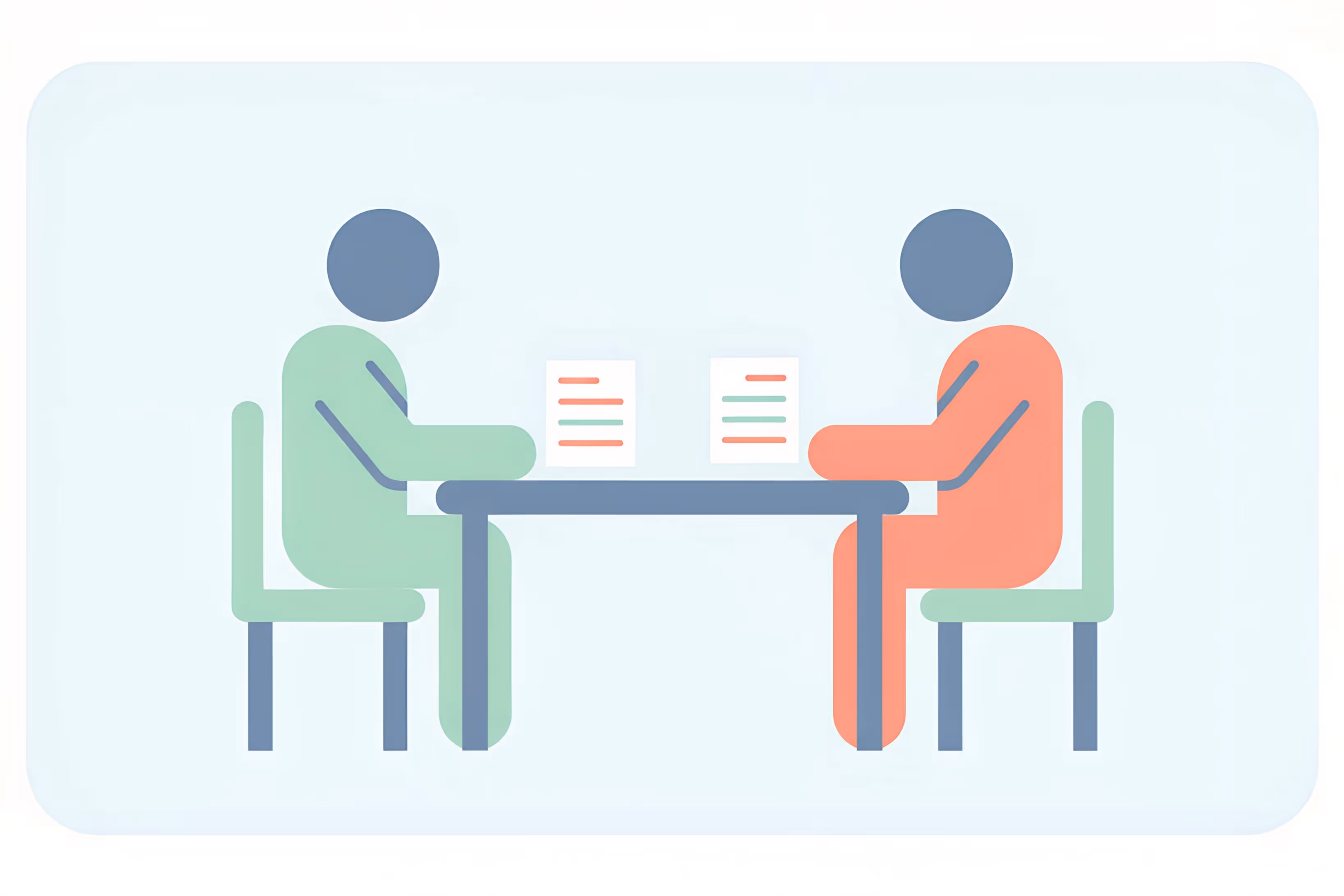 Simple illustration of two people sitting opposite each other at a table, each reading a document.