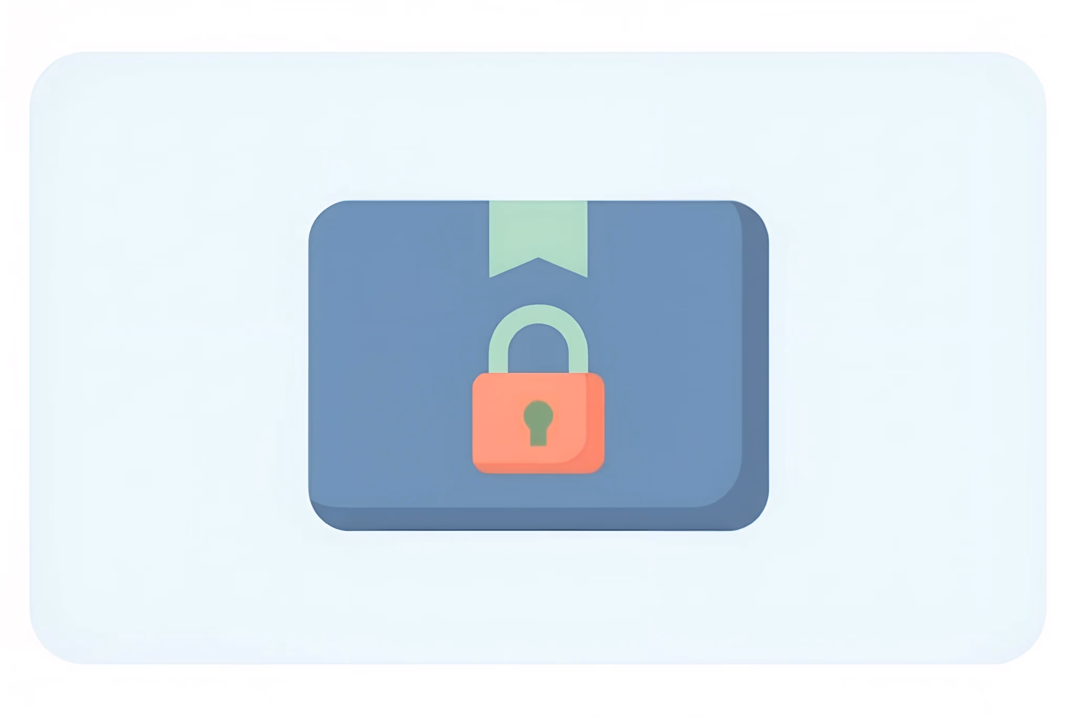 Blue package sealed with a green ribbon and a red padlock symbolizing secure delivery.