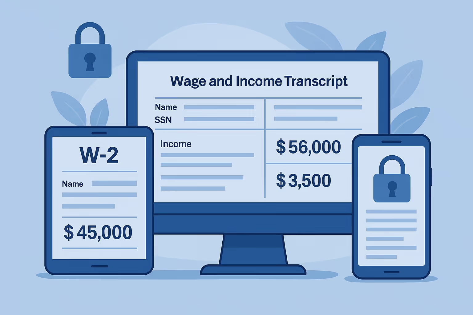 Illustration showing a wage and income transcript on a computer screen with amounts $56,000 and $3,500, a tablet displaying a W-2 form with $45,000, and a phone with a lock symbol, representing secure financial data.