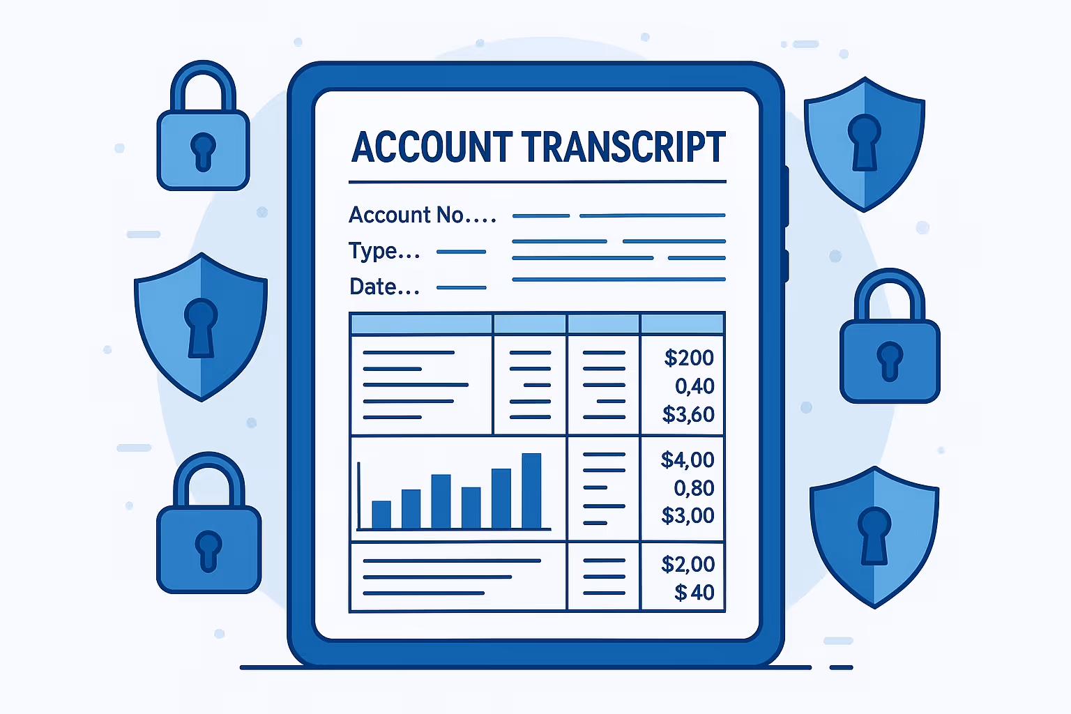 Digital tablet displaying an account transcript surrounded by blue padlocks and shields symbolizing security.